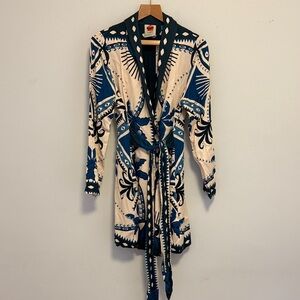 Blue and Cream Patterned Wrap Dress